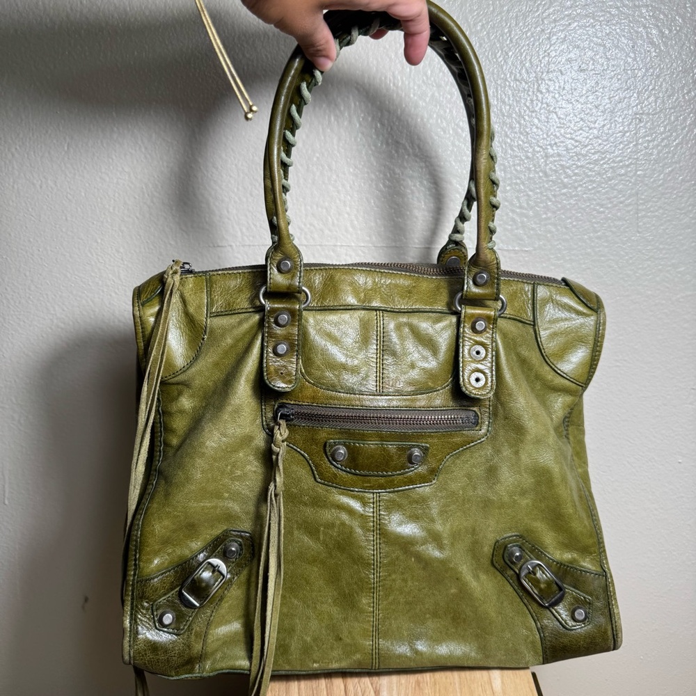 BALENCIAGA Olive Perforated Leather Motorcycle City Bag